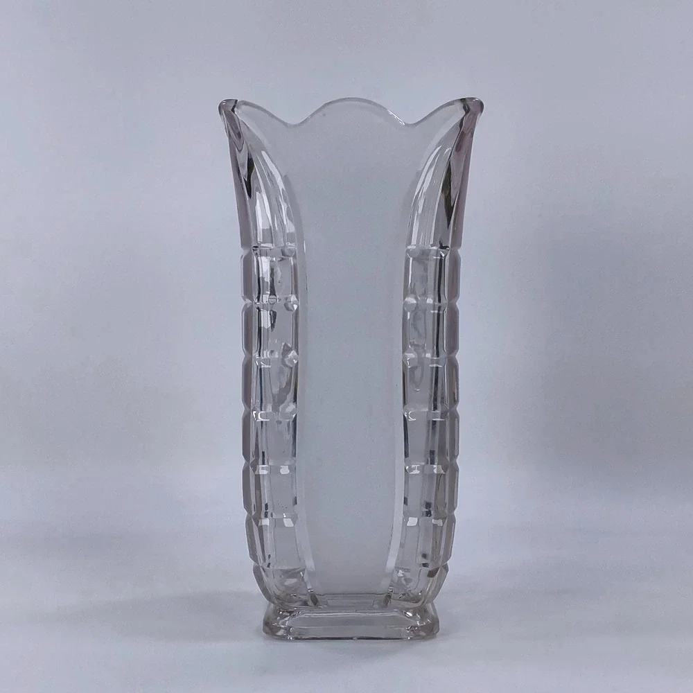 Vintage Hidalgo Clear Glass Scalloped Vase Frosted Panels Block Cut 9.5